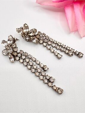 Vintage Floral Prong Set Rhinestone Articulated Tassel Drop Earrings Bridal Icy